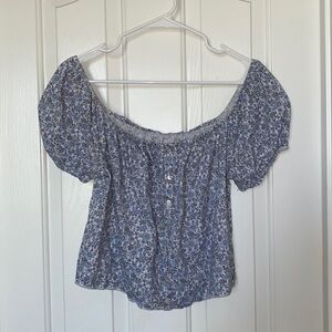 AE Blue Floral Puff Sleeve Blouse